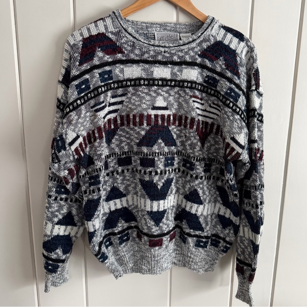 Vintage Method Geometric Knit Sweater Gray Black Burgundy Men’s L